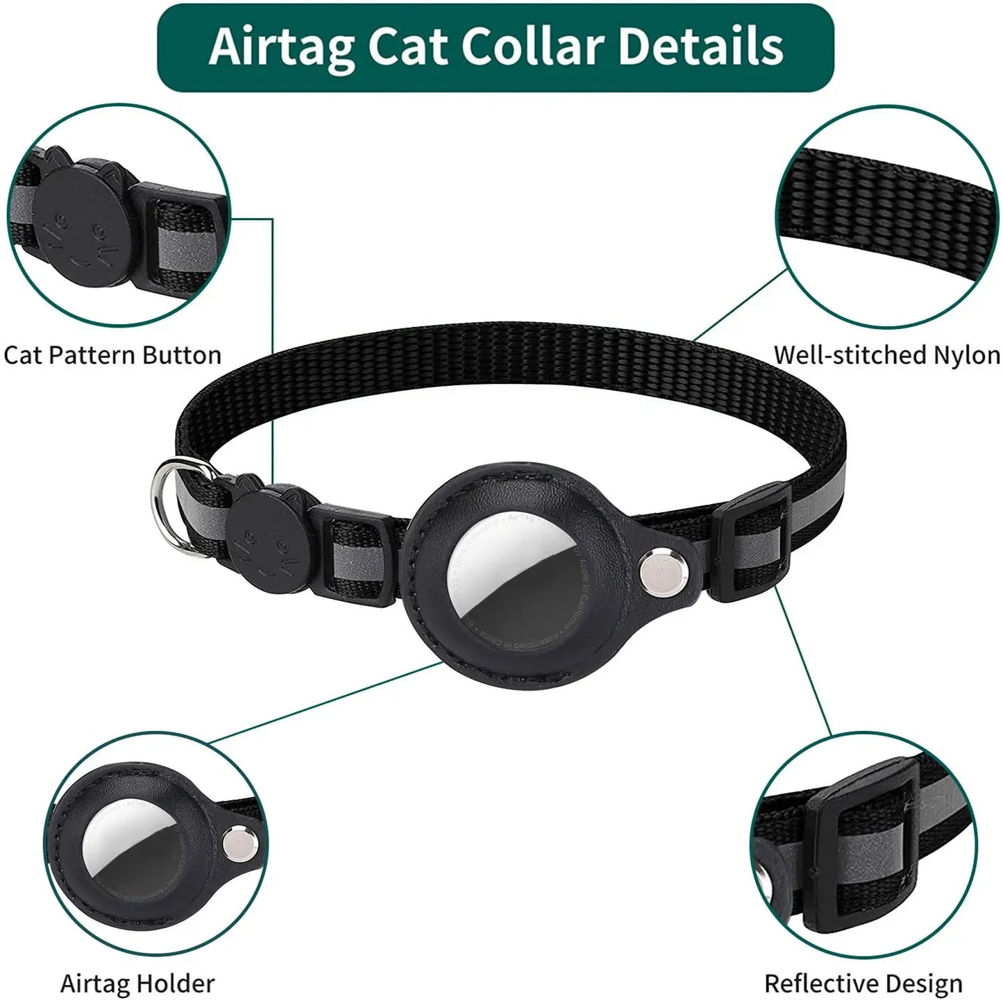 Adjustable Reflective Cat Collar with Detachable Airtag Holder Waterproof Anti-Lost Pet Collar for Kitten