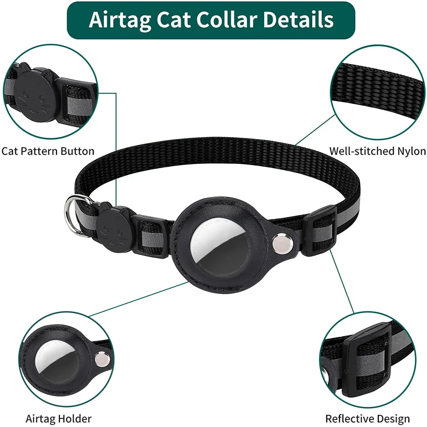 Adjustable Reflective Cat Collar with Detachable Airtag Holder Waterproof Anti-Lost Pet Collar for Kitten